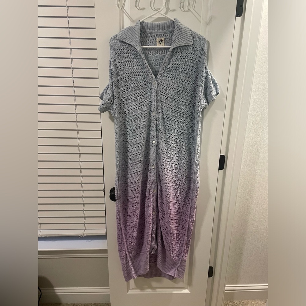 Free People Ombre Open-Knit Long Cardigan in Light Blue to Lavender